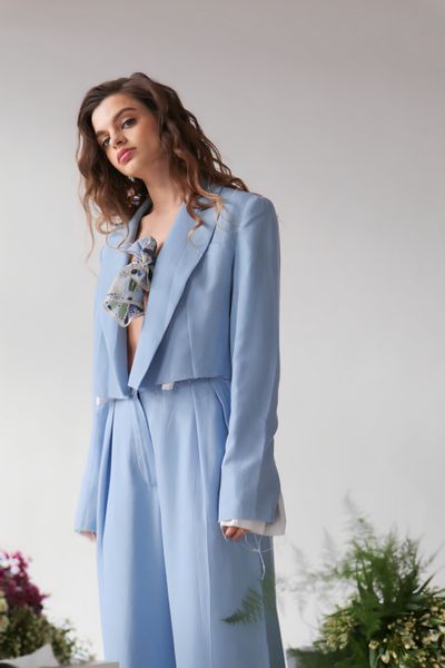 oversized cropped blazer with raw edges - blue, One Size