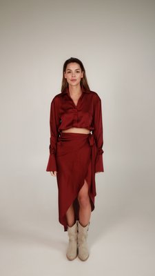 silk cropped blouse with sleeves - burgundy, One Size