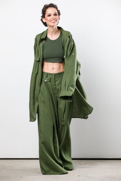 linen high-waisted palazzo trousers - olive, One Size