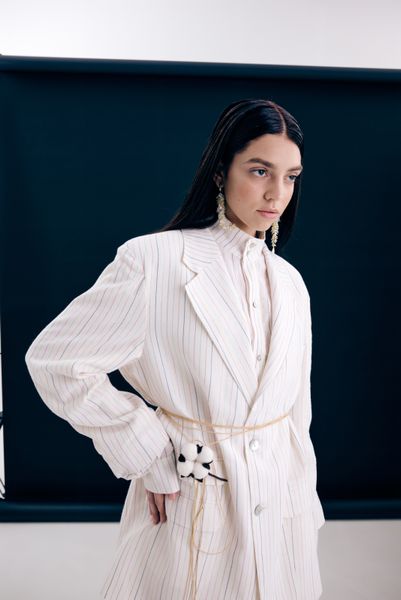 oversized linen blazer with colored shiny stripes - milk, One Size