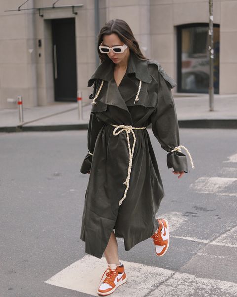 oversized trench with color cords and raw edges - olive, One Size