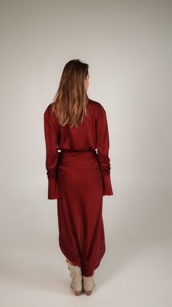 silk skirt with draped belt - burgundy, One Size