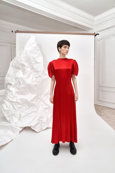 сукня з віскози з відкритою спиною та рукавами-ліхтариками - червона FW210 фото