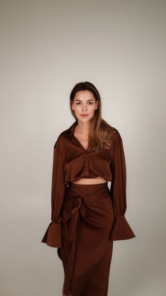 silk skirt with draped belt - chocolate, One Size