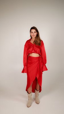 silk cropped blouse with sleeves - red, One Size