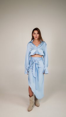 silk cropped blouse with sleeves - blue, One Size